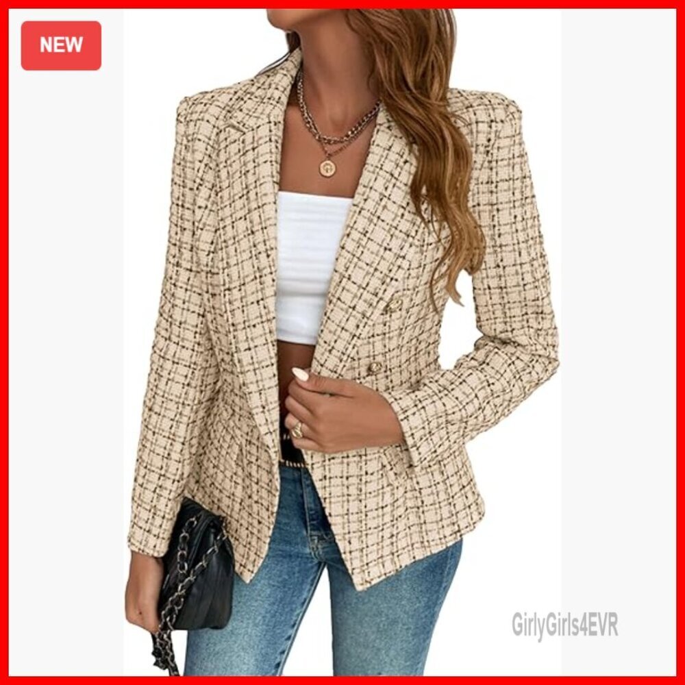 Petite Tweed Blazer Double Breasted Lined Work Jacket Pockets